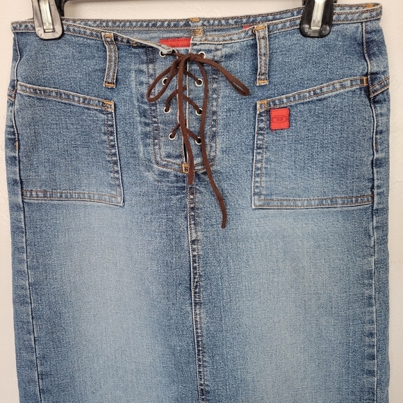 Bongo Juniors 5 Denim Maxi Skirt Brown Leather Lace Up Back Slit 90s Y2K Jean - Picture 2 of 8